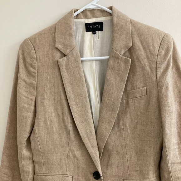1.STATE Women's One Button 100% Linen Blazer Beige Size 6 Lined Long Sleeve - Picture 4 of 8